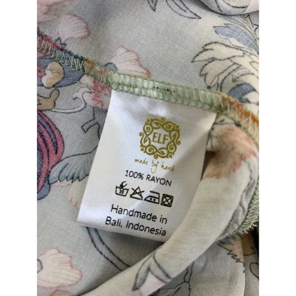 ELF Carmen Wrap Dress Gray Floral Ruffle V Neck Rayon Green Multi Tie Size L/XL - Picture 12 of 15